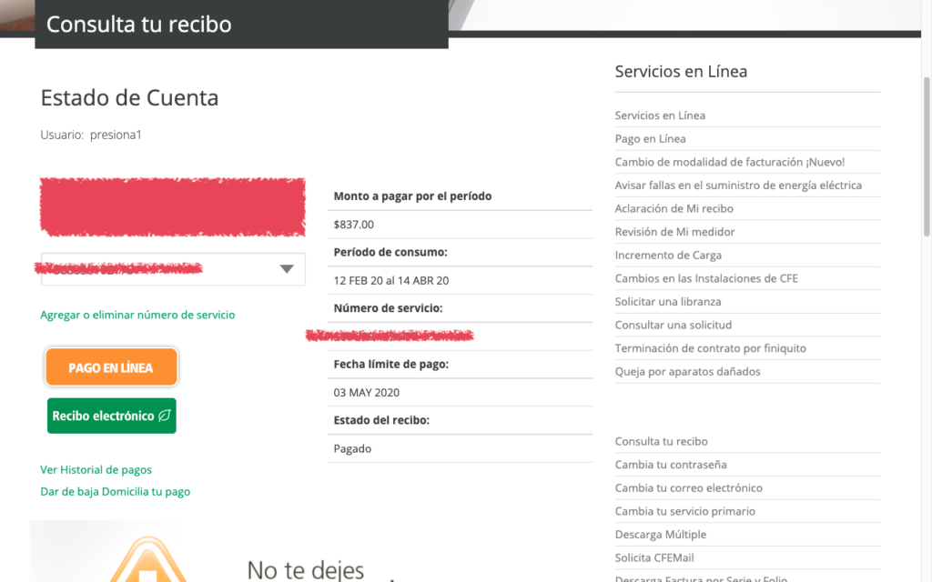 estado de cuenta en linea cfe