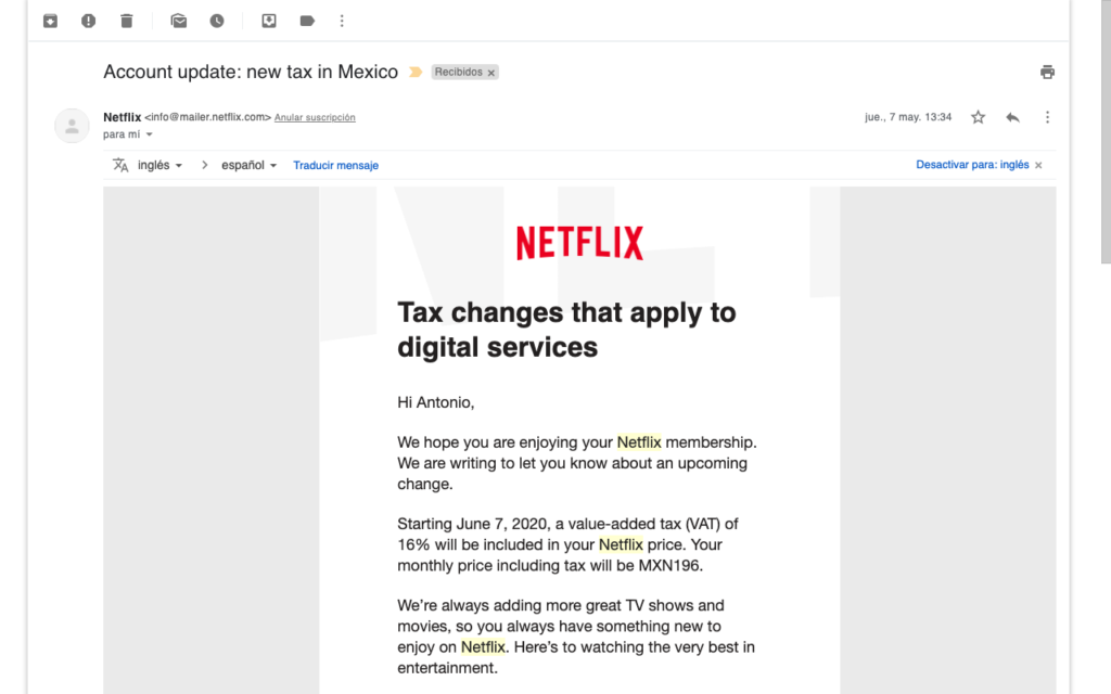 correo iva netflix aumento