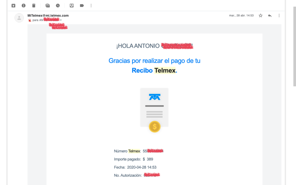 correo confirmacion pago Telmex